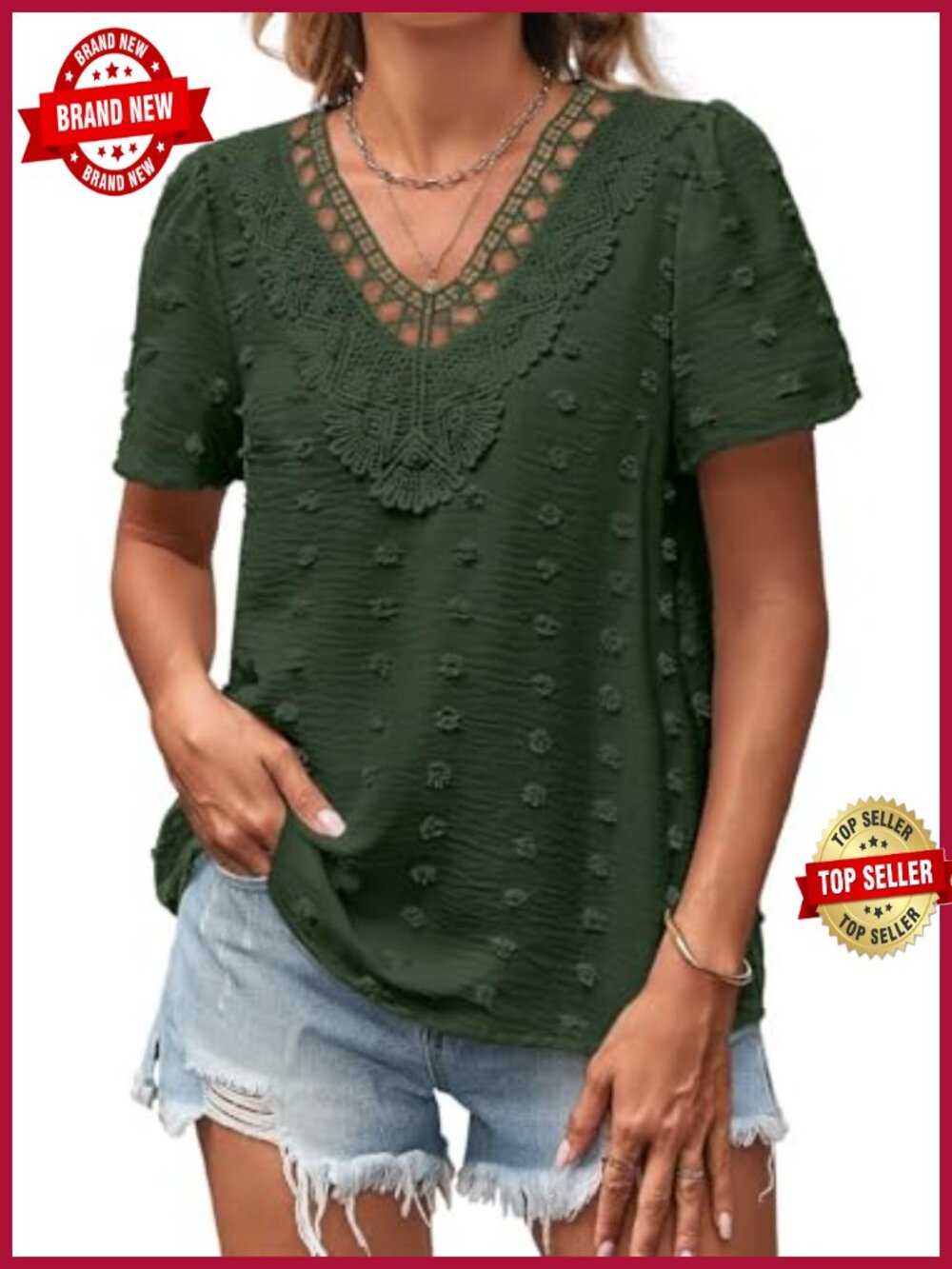 Boho Swiss Dot Blouse Short Sleeve V Neck Tunic Lace Hem Casual Summer Top